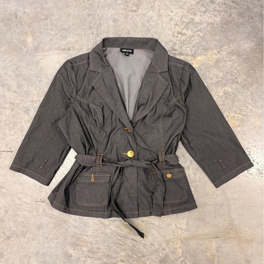 Metrostyle Y2K Office Siren Belted Blazer Jacket Contrast Stitch Grey Brown 18